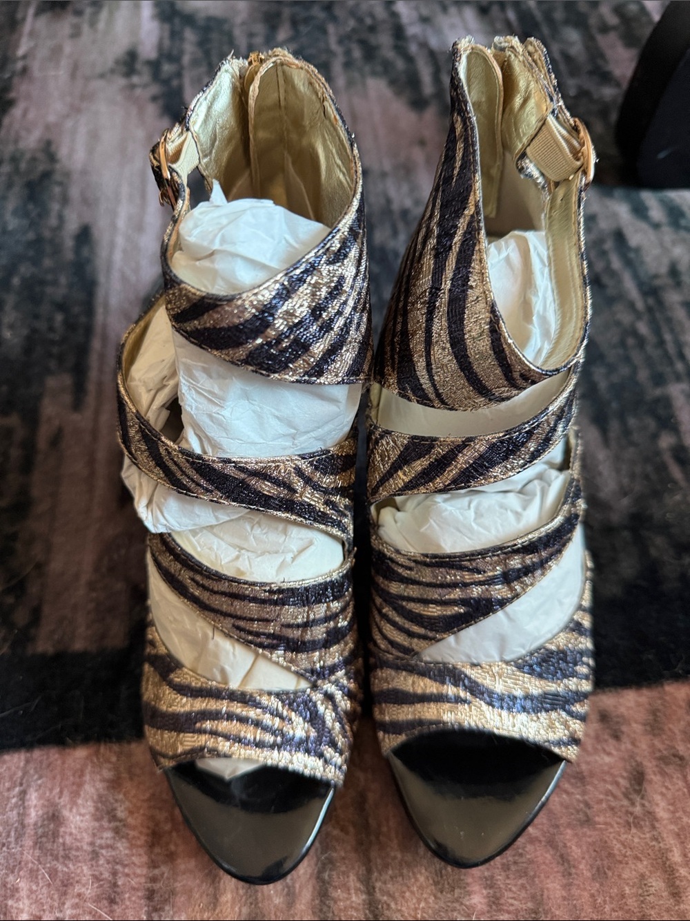 Strappy Metallic Gold and Black Zebra-Print Heels